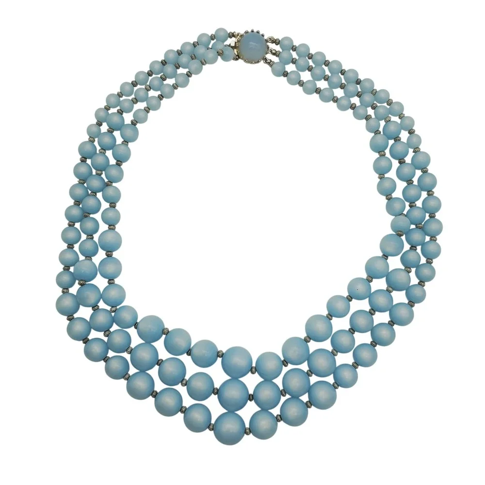 Sky Blue Beaded Acrylic Necklace Triple Strand Graduated Silver Tone Layered Vtg